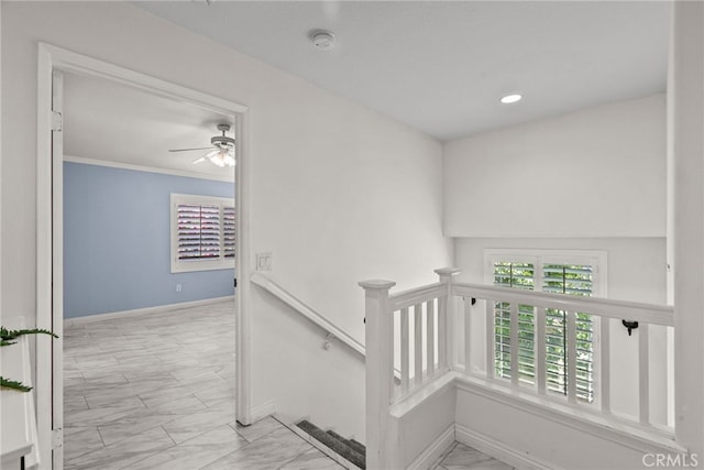 27017 Big Rpds Unit 37, Valencia, CA 91354 - staircase with marble finish flooring, ceiling fan, and recessed lighting