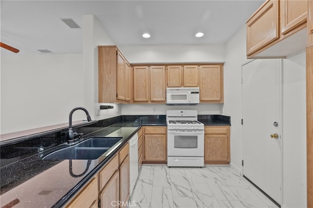 27017 Big Rpds Unit 37, Valencia, CA 91354 - kitchen with white appliances, light marble finish floors, dark stone countertops, light brown cabinets, and recessed lighting