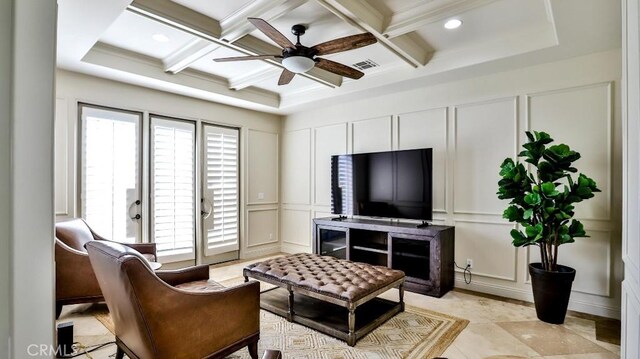 8531 10th St, Downey, CA 90241 - living room featuring a decorative wall, coffered ceiling, ceiling fan, beamed ceiling, and recessed lighting
