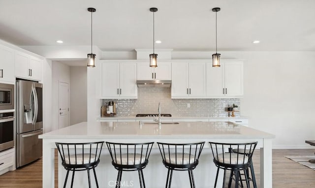 kitchen with decorative backsplash, appliances with stainless steel finishes, light countertops, under cabinet range hood, and light wood-style flooring