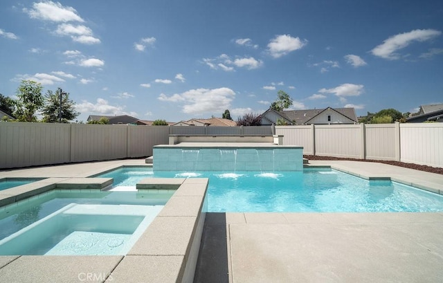 view of swimming pool featuring a fenced in pool, a fenced backyard, and an in ground hot tub