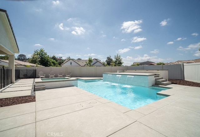 view of pool with a fenced in pool, a hot tub, a fenced backyard, and a patio area