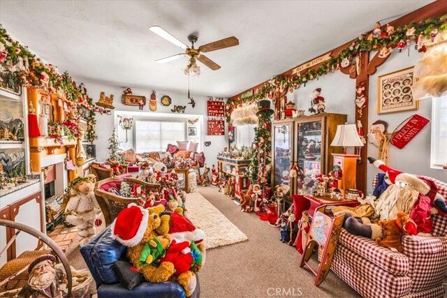 interior space with a ceiling fan and carpet