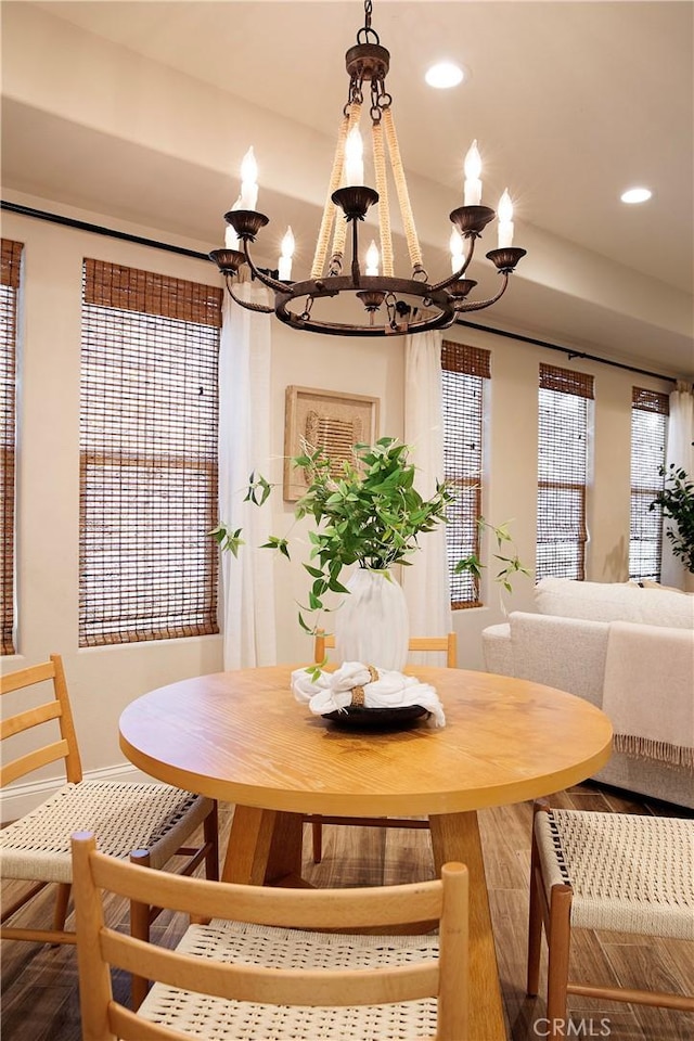 9369 Riberena Cir Unit 11, Atascadero, CA 93422 - dining room featuring a chandelier, wood finished floors, and recessed lighting