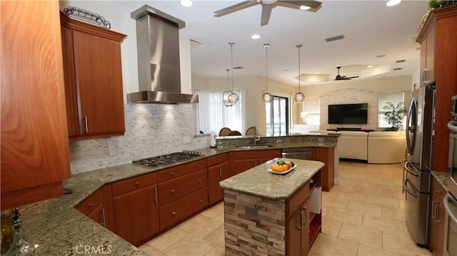 3615 Towhee Court, Punta Gorda, FL 33950 - kitchen featuring a sink, stainless steel appliances, ceiling fan, open floor plan, and range hood