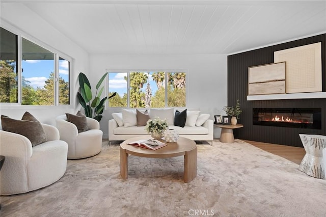 living room featuring a glass covered fireplace and wood finished floors