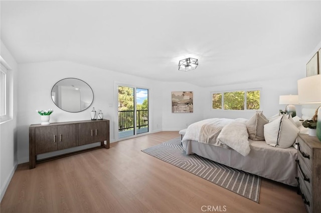 bedroom featuring baseboards, access to exterior, wood finished floors, and multiple windows