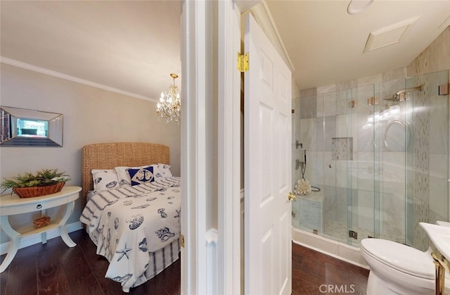 16143 Saint Croix Cir, Huntington Beach, CA 92649 - bedroom featuring wood finished floors, crown molding, and a chandelier