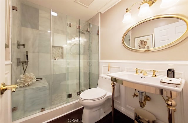 16143 Saint Croix Cir, Huntington Beach, CA 92649 - bathroom featuring a stall shower and a wainscoted wall