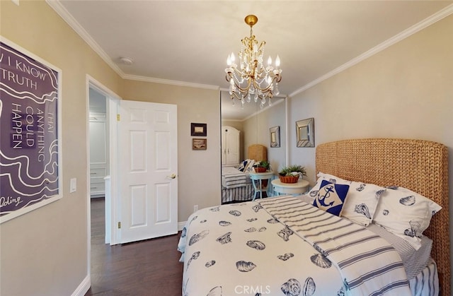 16143 Saint Croix Cir, Huntington Beach, CA 92649 - bedroom featuring a chandelier, dark wood-style floors, and crown molding