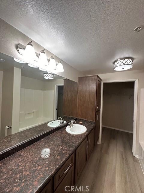 bathroom featuring vanity, a textured ceiling, and wood finished floors