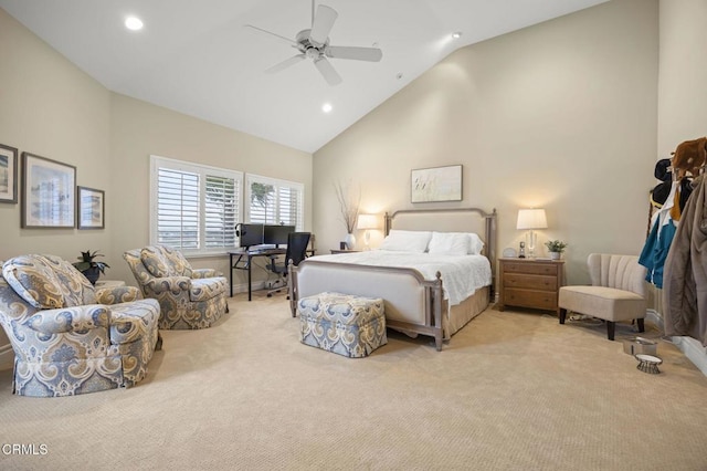bedroom featuring ceiling fan, light carpet, high vaulted ceiling, and recessed lighting