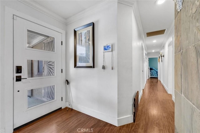 24 S La Salle St, Redlands, CA 92374 - interior space featuring baseboards, visible vents, ornamental molding, and wood finished floors