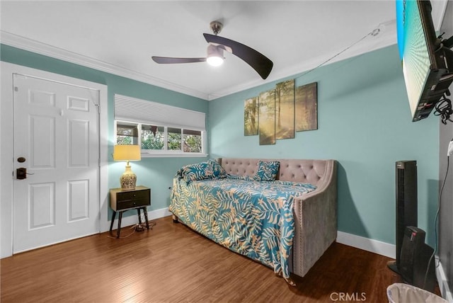 24 S La Salle St, Redlands, CA 92374 - bedroom with baseboards, ornamental molding, ceiling fan, and wood finished floors