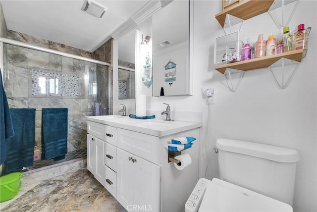 24 S La Salle St, Redlands, CA 92374 - full bathroom with double vanity, visible vents, a shower stall, a sink, and toilet