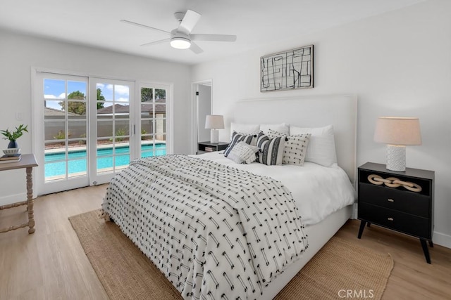 413 N Rimhurst Ave, Covina, CA 91724 - bedroom featuring a ceiling fan, baseboards, access to exterior, and light wood finished floors