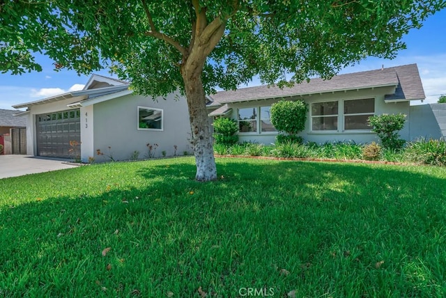 413 N Rimhurst Ave, Covina, CA 91724 - ranch-style house featuring driveway, a front lawn, an attached garage, a shingled roof, and stucco siding