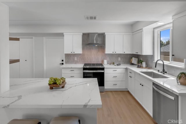 413 N Rimhurst Ave, Covina, CA 91724 - kitchen featuring appliances with stainless steel finishes, a sink, wall chimney exhaust hood, backsplash, and visible vents