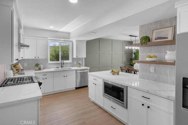 413 N Rimhurst Ave, Covina, CA 91724 - kitchen featuring appliances with stainless steel finishes, tasteful backsplash, a sink, light stone counters, and white cabinets