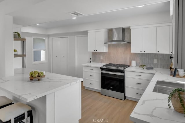 413 N Rimhurst Ave, Covina, CA 91724 - kitchen with wall chimney range hood, open shelves, stainless steel gas range oven, a peninsula, and visible vents