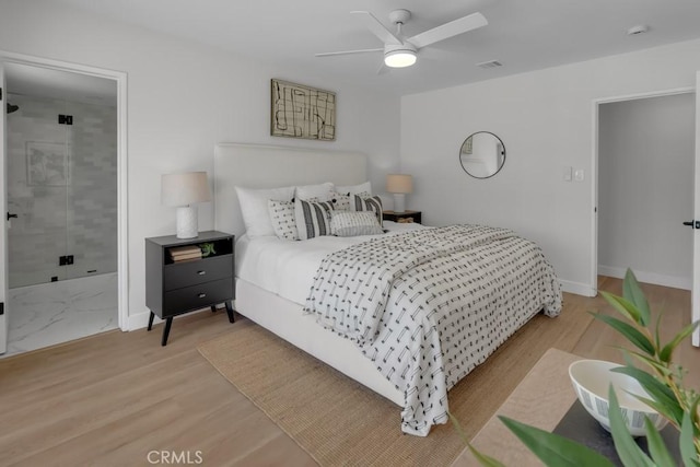 413 N Rimhurst Ave, Covina, CA 91724 - bedroom with a ceiling fan, visible vents, baseboards, light wood-style floors, and ensuite bathroom