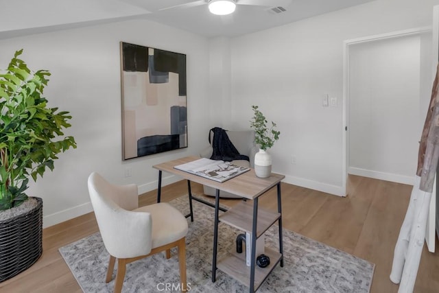413 N Rimhurst Ave, Covina, CA 91724 - office area featuring visible vents, a ceiling fan, baseboards, and wood finished floors