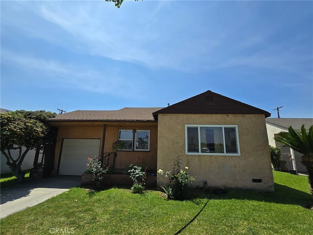 9412 Haney St, Pico Rivera, CA 90660 - view of front of house with concrete driveway, an attached garage, stucco siding, and a front lawn
