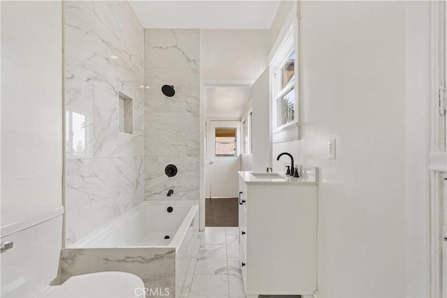 full bath with vanity, shower / bathing tub combination, toilet, and marble finish floor