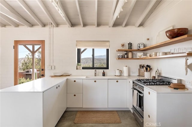 48575 Paradise Ave, Morongo Valley, CA 92256 - kitchen featuring stainless steel gas range oven, a peninsula, finished concrete floors, light countertops, and beamed ceiling