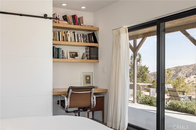 48575 Paradise Ave, Morongo Valley, CA 92256 - bedroom with multiple windows, a mountain view, and recessed lighting