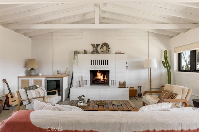 48575 Paradise Ave, Morongo Valley, CA 92256 - living room featuring a brick fireplace and wooden ceiling