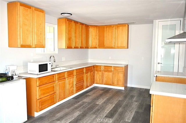 kitchen with dark wood-style flooring, fridge, a sink, light countertops, and white microwave