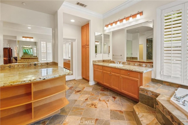 1925 Katie Ct, Fallbrook, CA 92028 - bathroom with ornamental molding, healthy amount of natural light, vanity, baseboards, and stone finish flooring