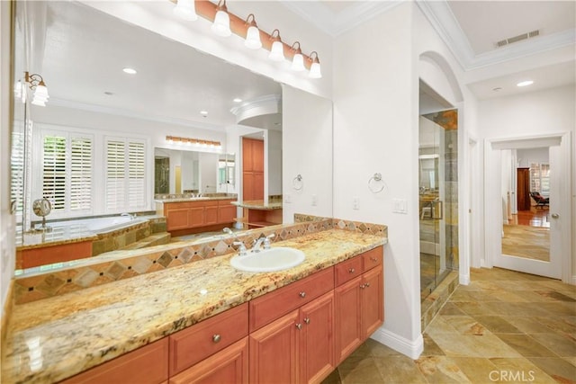 1925 Katie Ct, Fallbrook, CA 92028 - bathroom featuring ornamental molding, vanity, a shower stall, recessed lighting, and a bath