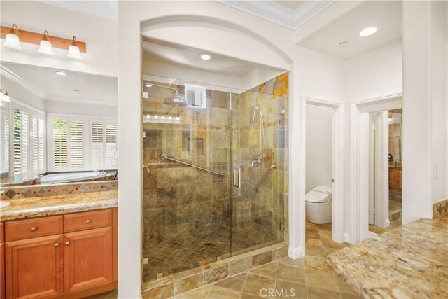 1925 Katie Ct, Fallbrook, CA 92028 - bathroom with crown molding, a stall shower, toilet, and recessed lighting