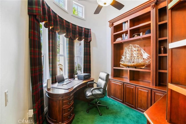 office with carpet flooring, ceiling fan, and a wealth of natural light