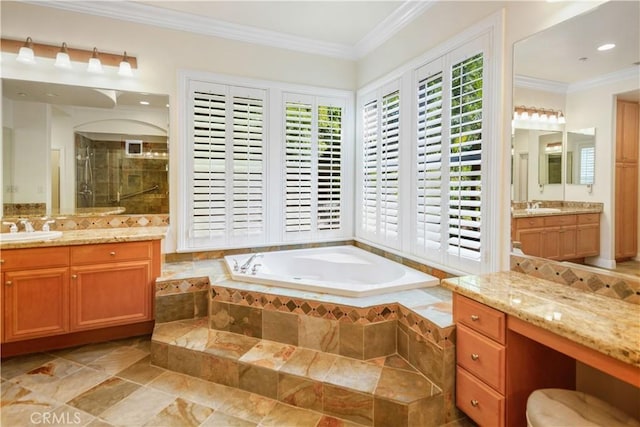 full bathroom with crown molding, a healthy amount of sunlight, a garden tub, and a stall shower