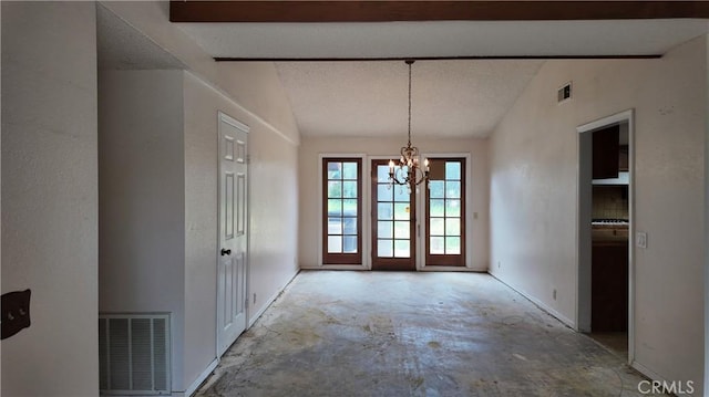 unfurnished dining area featuring concrete flooring, a notable chandelier, lofted ceiling with beams, and visible vents