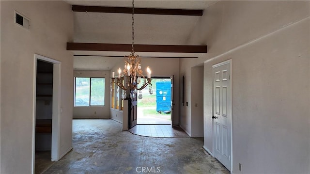 interior space with a notable chandelier, beamed ceiling, visible vents, and concrete floors