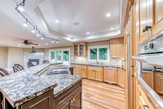 kitchen with decorative backsplash, a ceiling fan, a center island, a sink, and light wood-style floors