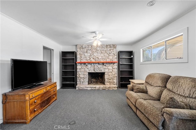 carpeted living room with crown molding, built in features, and ceiling fan