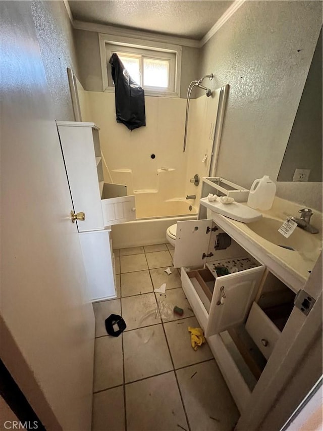 bathroom with toilet, tile patterned floors, a textured ceiling, shower / bath combination, and ornamental molding