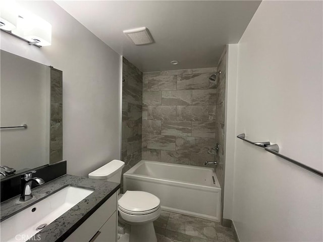 full bathroom with toilet,  shower combination, visible vents, and vanity