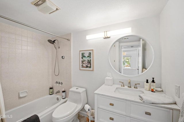 bathroom with vanity, toilet, baseboards, tub / shower combination, and visible vents
