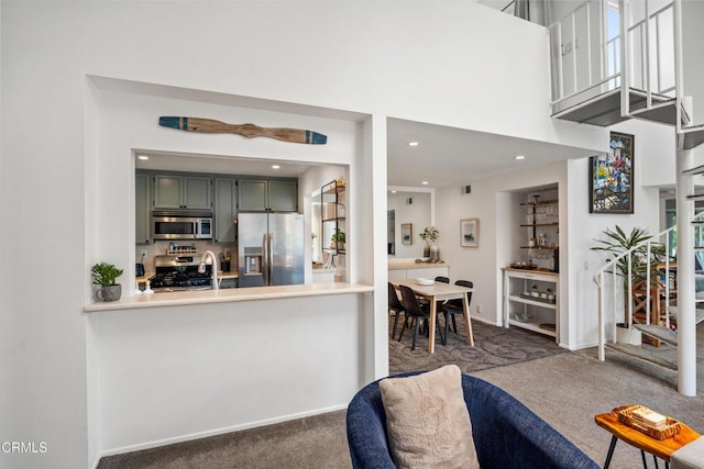 interior space with visible vents, stairs, carpet floors, baseboards, and recessed lighting