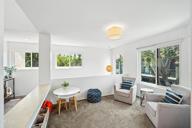 living area with plenty of natural light, carpet, and baseboards