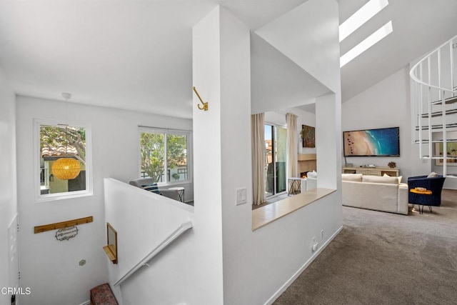 hall with a skylight, carpet flooring, and stairs