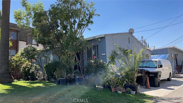 view of property hidden behind natural elements with a front yard and stucco siding