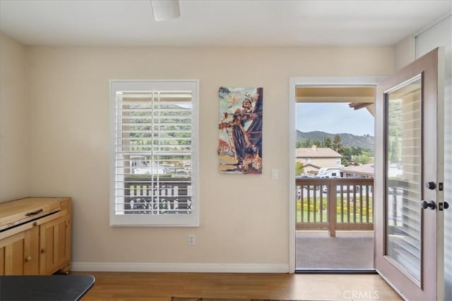 entryway with baseboards, a mountain view, and light wood-type flooring