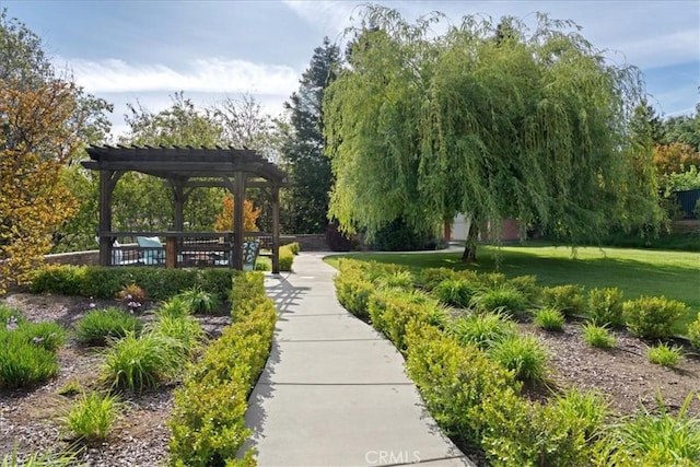 view of home's community featuring a pergola and a yard
